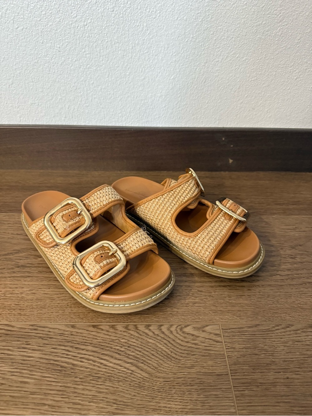 Universal Thread Tan Woven Double-Buckle Slide Sandals